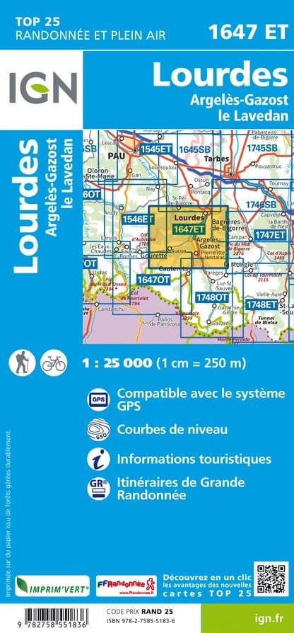 Lourdes Map | IGN 1647 ET Lourdes, Argeles-Gazost, le Lavedan | Backcountry Books